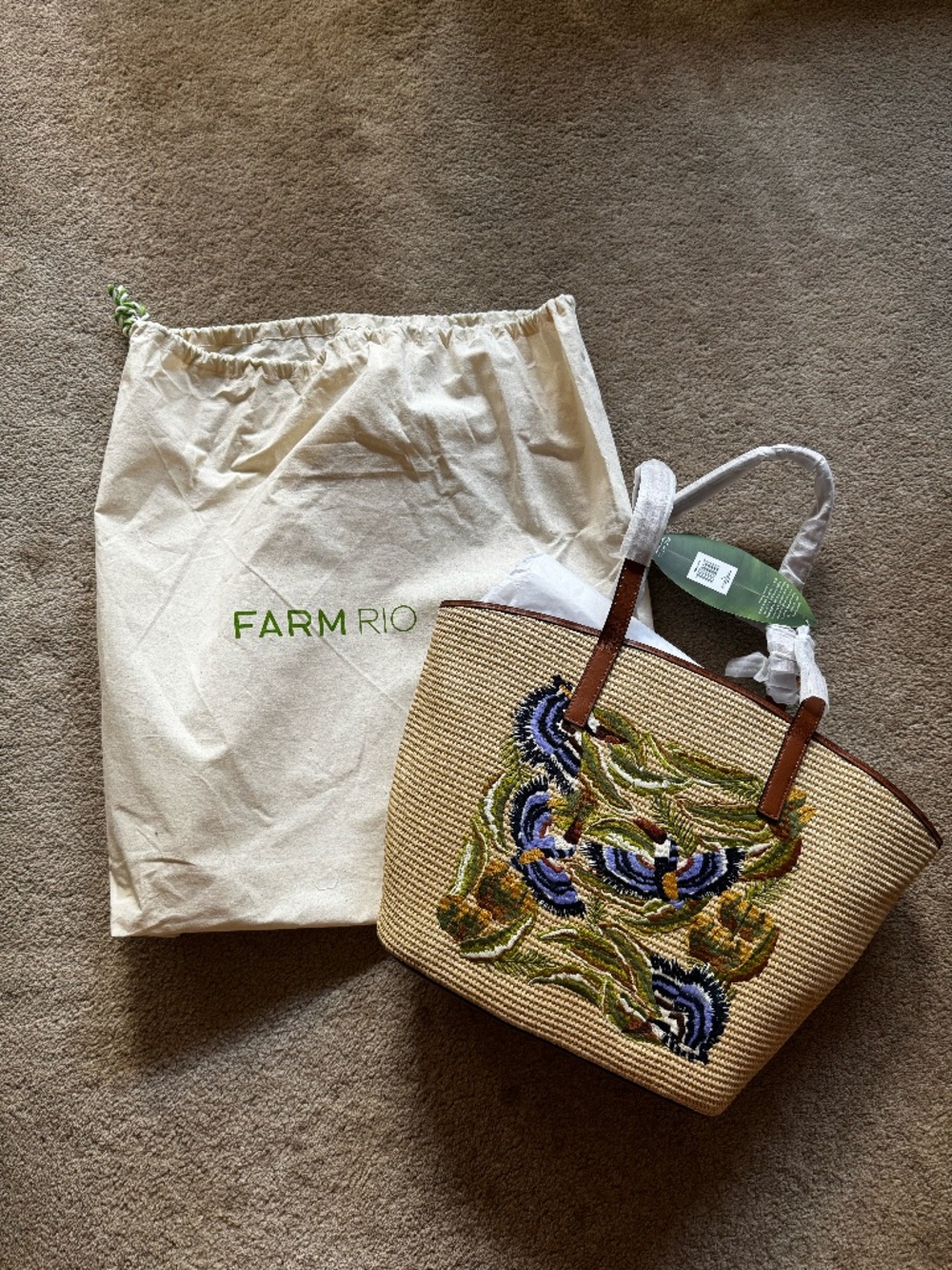Farm Rio Raffia Basket Tote Bag Large